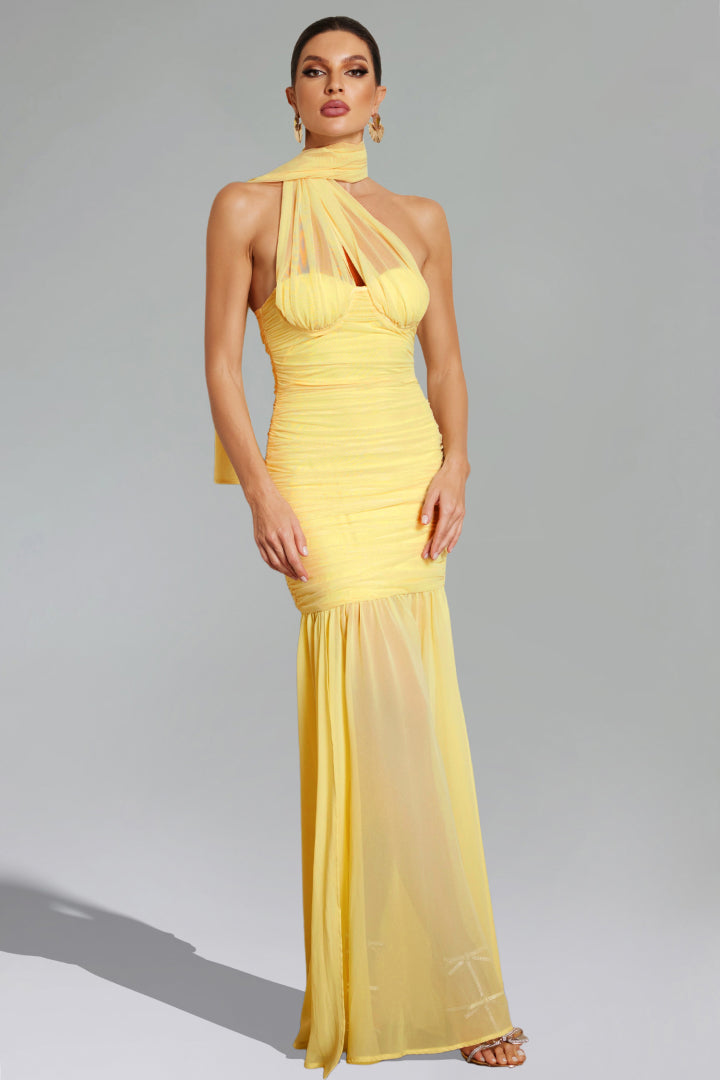 Sleeveless Sarı Long Evening Dress