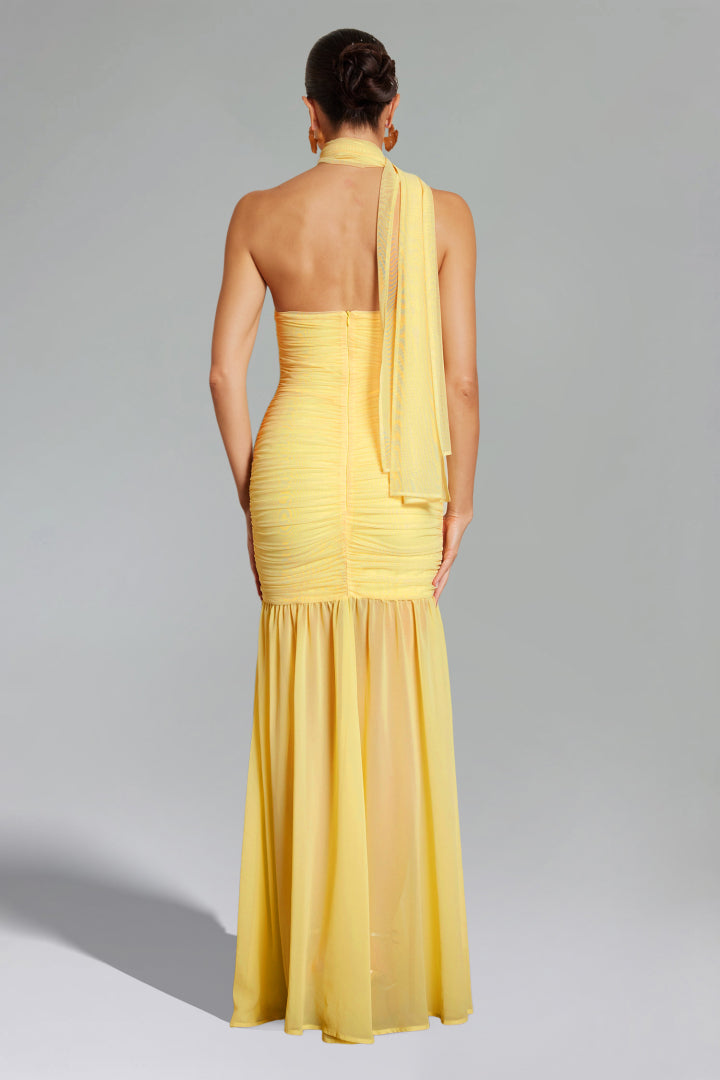 Sleeveless Sarı Long Evening Dress
