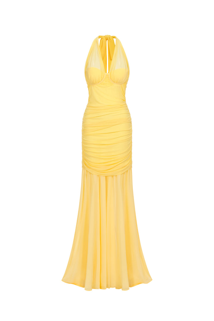 Sleeveless Sarı Long Evening Dress