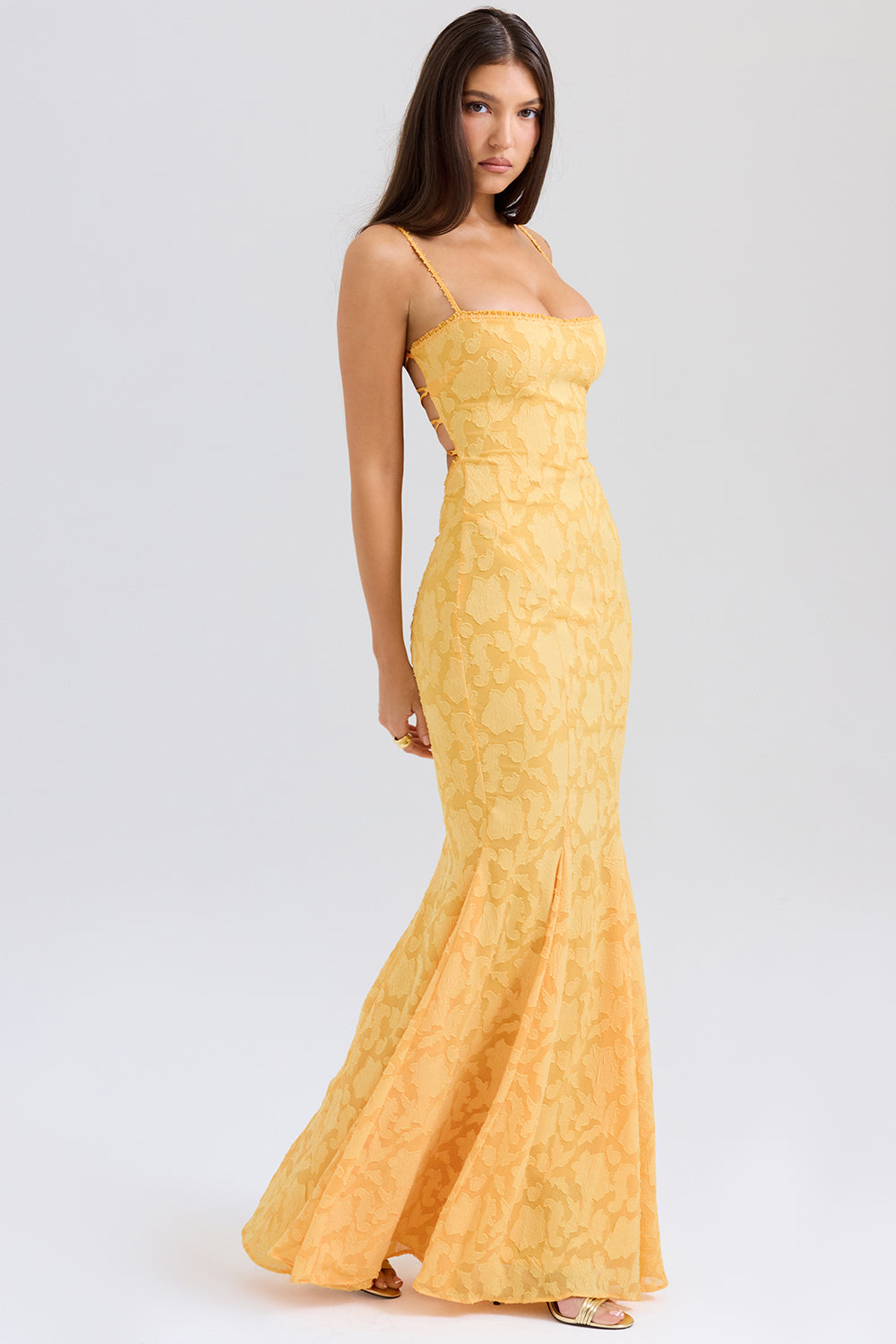 Joan Saten Apricot Long Prom Dress