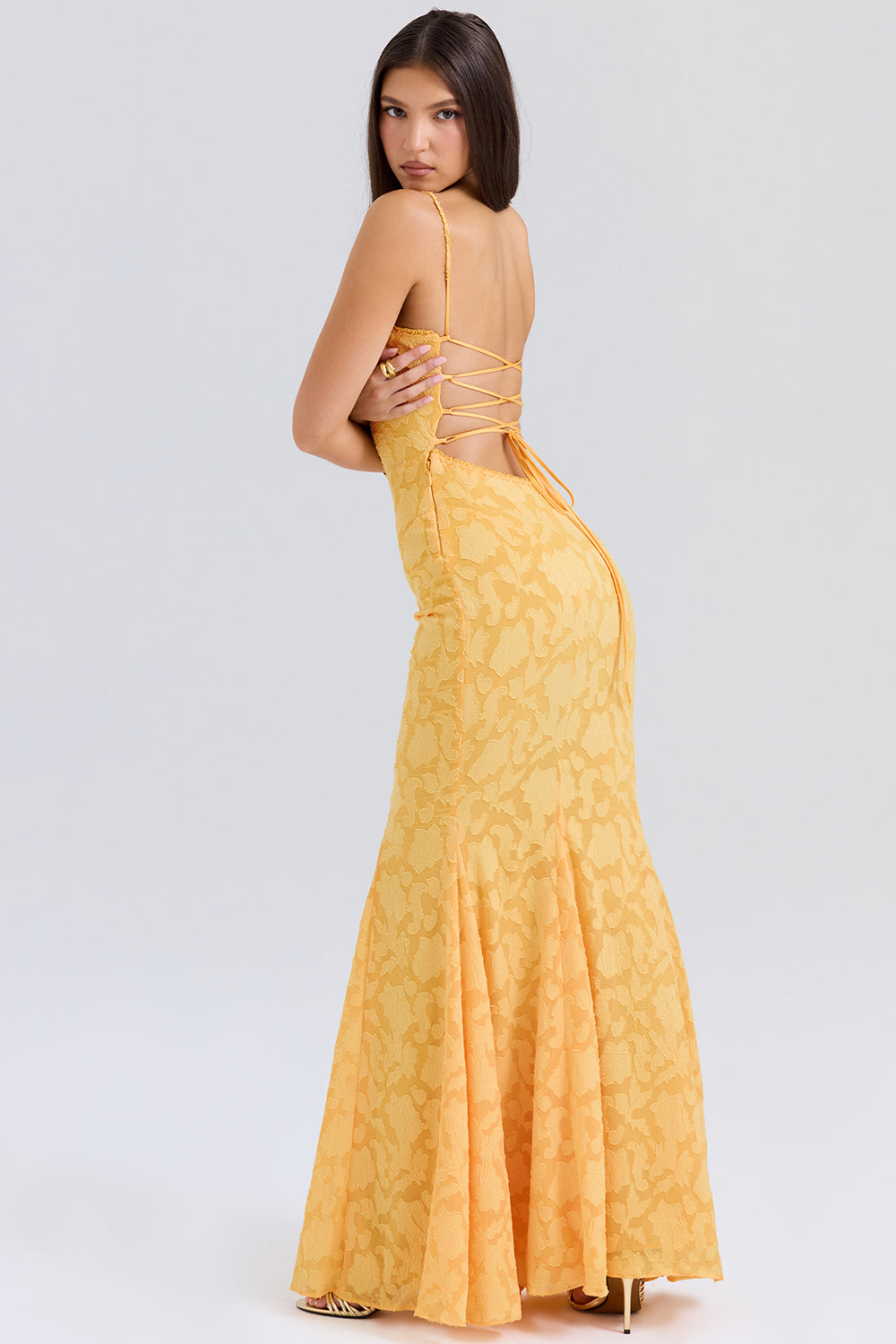 Joan Saten Apricot Long Prom Dress